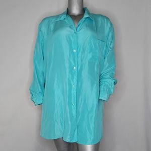 Diane Von Furstenberg 100% Silk Shirt Button-up, Collar, w/Pocket, Turquoise, 2X